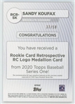 Sandy Koufax 2020 Topps Retrospective Rookie Medallion Logo Card #37/50